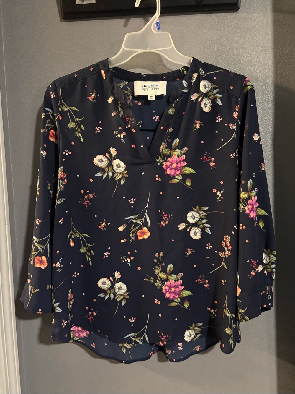 Alice Blue Navy Floral Split-Neck Blouse